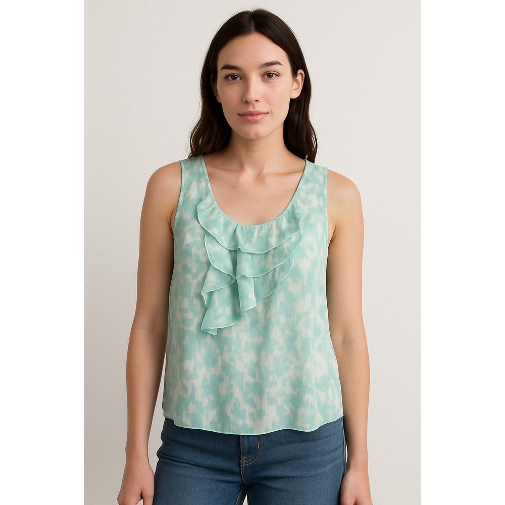 Halogen 100% Silk Ruffle Blouse Womens M Sleeveless Aqua Blue Abstract Print Top